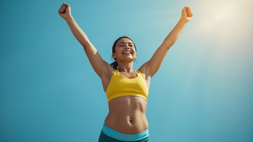 Mulher celebrando conquista de meta de emagrecimento.