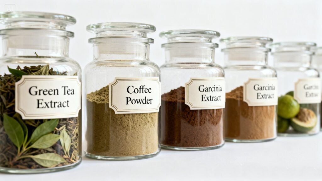 Potes de vidro transparente com diferentes ingredientes naturais em pó