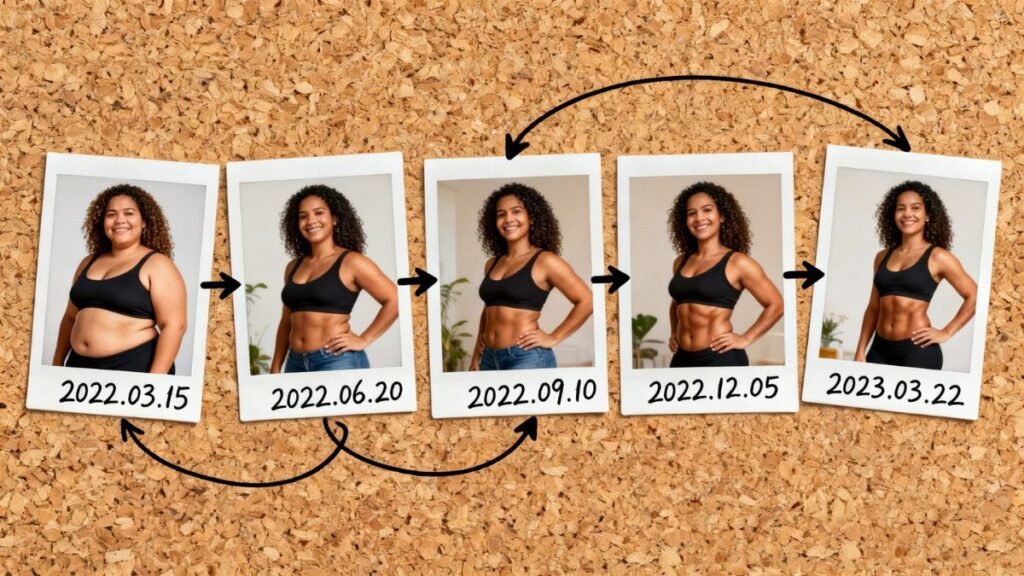 fotos polaroid dispostas cronologicamente mostrando progressão de emagrecimento