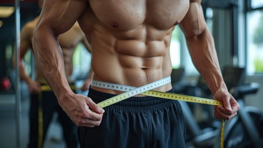 Homem medindo abdome com fita métrica