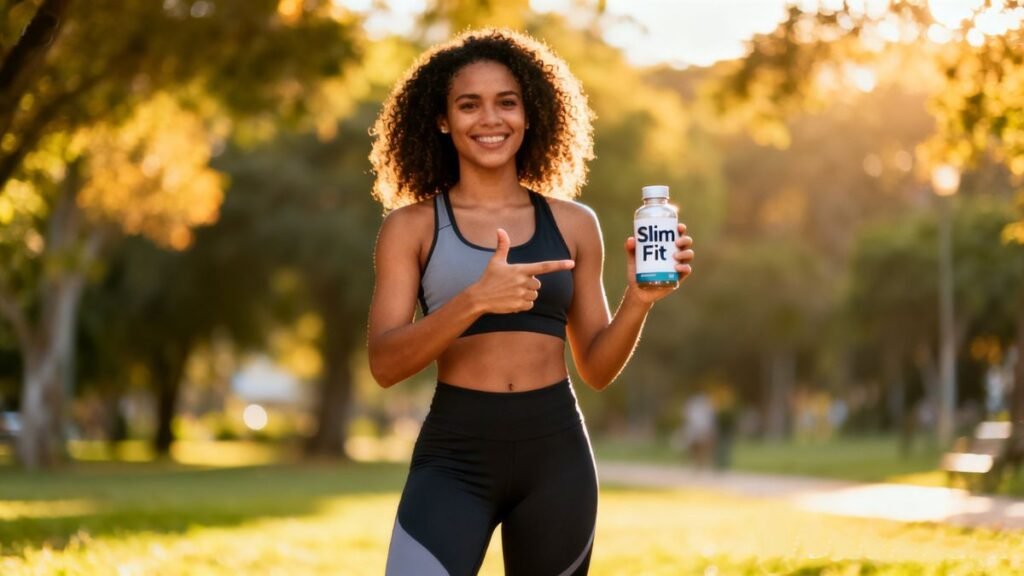 Mulher mostrando resultados ralistas com slim fit